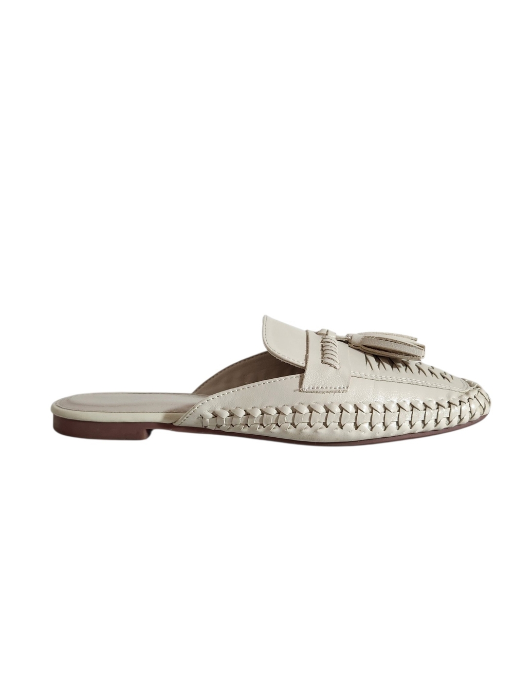 Womens Cream Woven Flat Mules with Tassel Detail Size 40 US 9